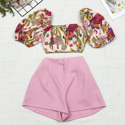 Conjunto Feminino Estampado – Camisa com Amarração + Short com Zíper