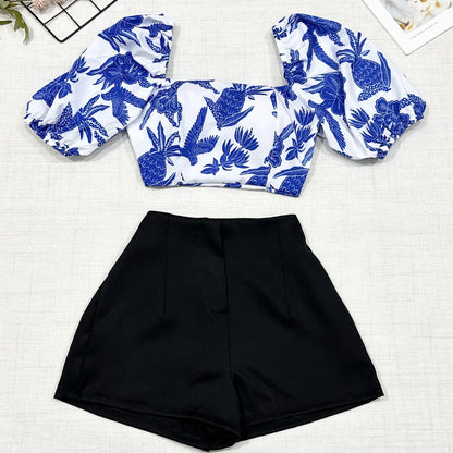 Conjunto Feminino Estampado – Camisa com Amarração + Short com Zíper