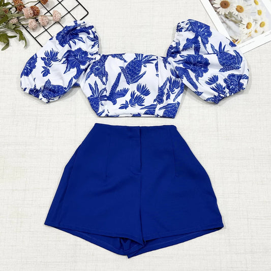 Conjunto Feminino Estampado – Camisa com Amarração + Short com Zíper
