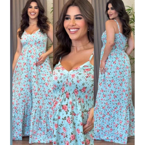 Vestido Feminino Longo com Alça Ajustável e Decote V