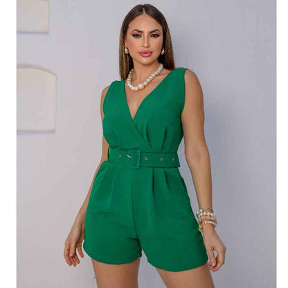 Macaquinho Feminino Soltinho com Cinto – Alfaiataria Duna com Decote em V