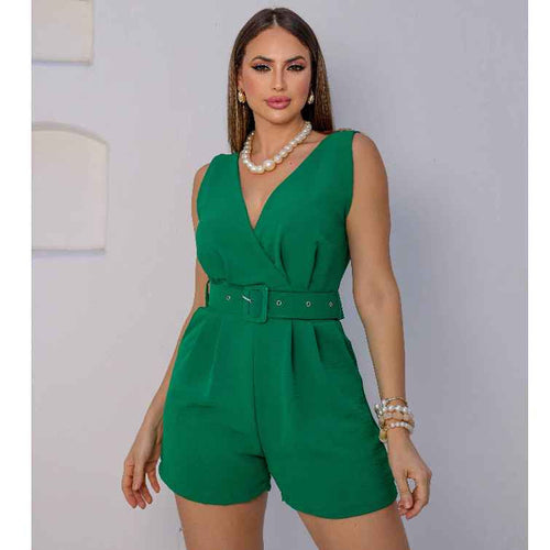 Macaquinho Feminino Soltinho com Cinto – Alfaiataria Duna com Decote em V Simples Glamour