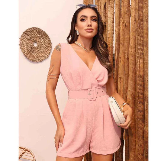 Macaquinho Feminino Soltinho com Cinto – Alfaiataria Duna com Decote em V Simples Glamour