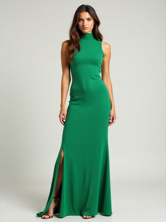 Vestido Longo com Racha e Gola Alta Feminino  Canelado