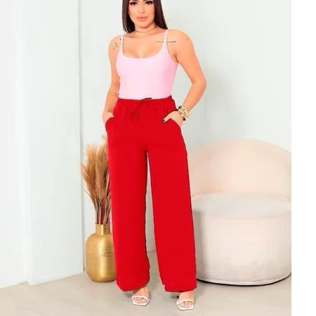Calça Pantalona Feminina Tecido Duna com Elástico na Cintura