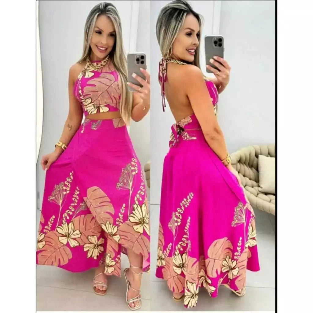 Conjunto Saia e Cropped estampado Simples Glamour