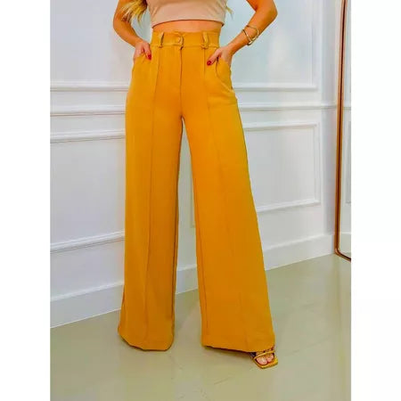 Calça Feminina Pantalona Wide Leg Duna com Botão
