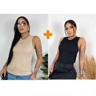 Kit 2 Blusas Feminina Regata Canelada Ribana Premium Social Americana Básica