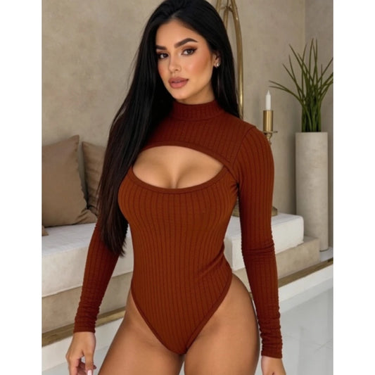 Body Feminino Manga Longa Bubble Gola Alta Com Decote Outono Inverno