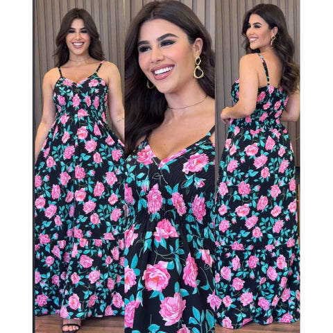 Vestido Feminino Longo com Alça Ajustável e Decote V