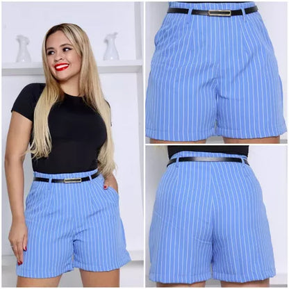 Short Feminino Alfaiataria Risca de Giz com Cinto e Zíper Lateral