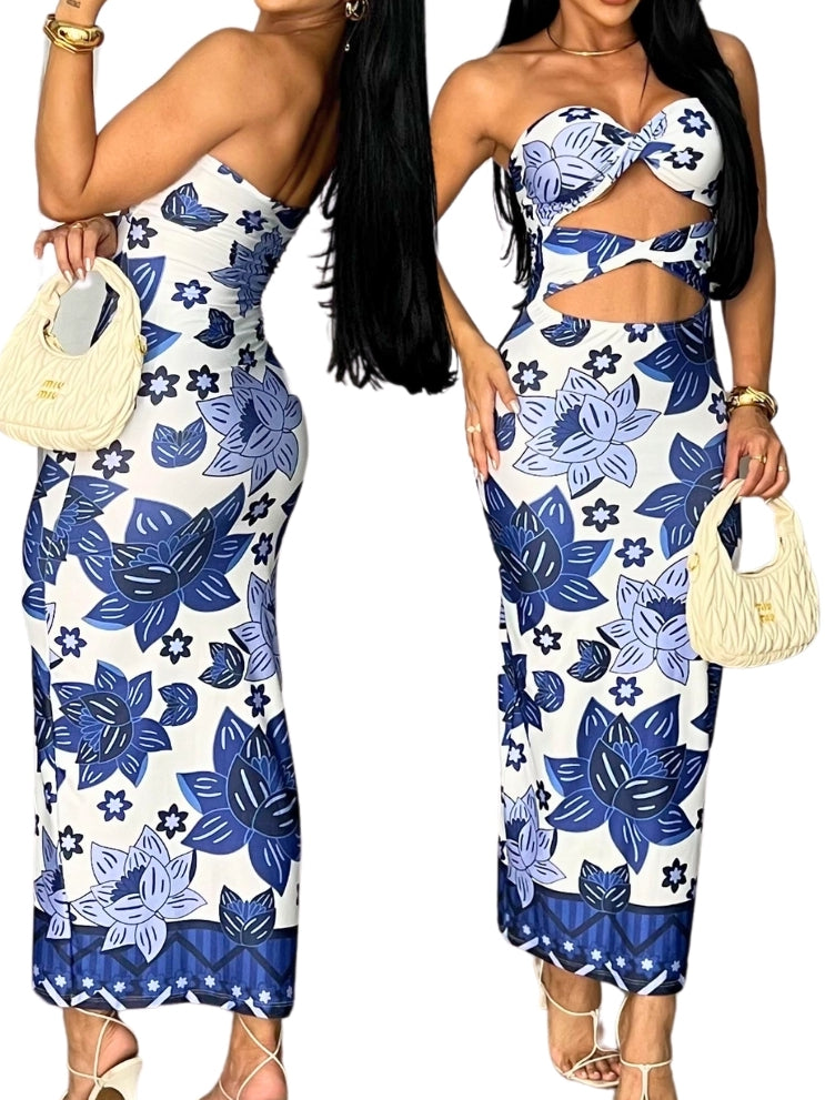 Vestido Midi Feminino Floral Azul com Bojo