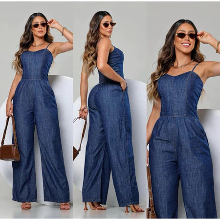 Macacão Feminino Jeans Pantalona com Alça Regulável