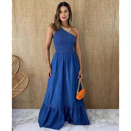 Vestido Feminino Longo Jeans com Manga Única