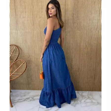 Vestido Feminino Longo Jeans com Manga Única