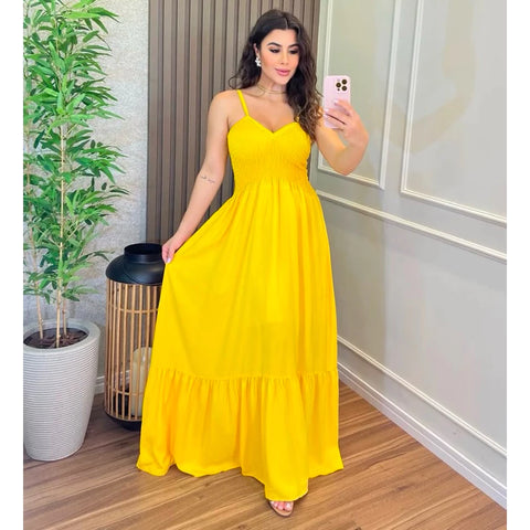 Vestido Feminino Longo com Alça Ajustável e Decote V
