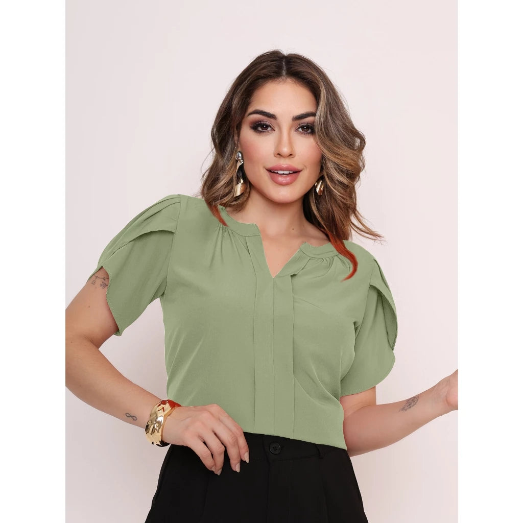 Blusa Feminina Manga Pétala em Tecido Duna com Decote V