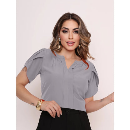Blusa Feminina Manga Pétala em Tecido Duna com Decote V