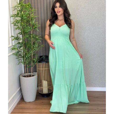 Vestido Feminino Longo com Alça Ajustável e Decote V