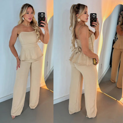 Conjunto Feminino Luxo Calça Pantalona e Blusa Tomara que Caia