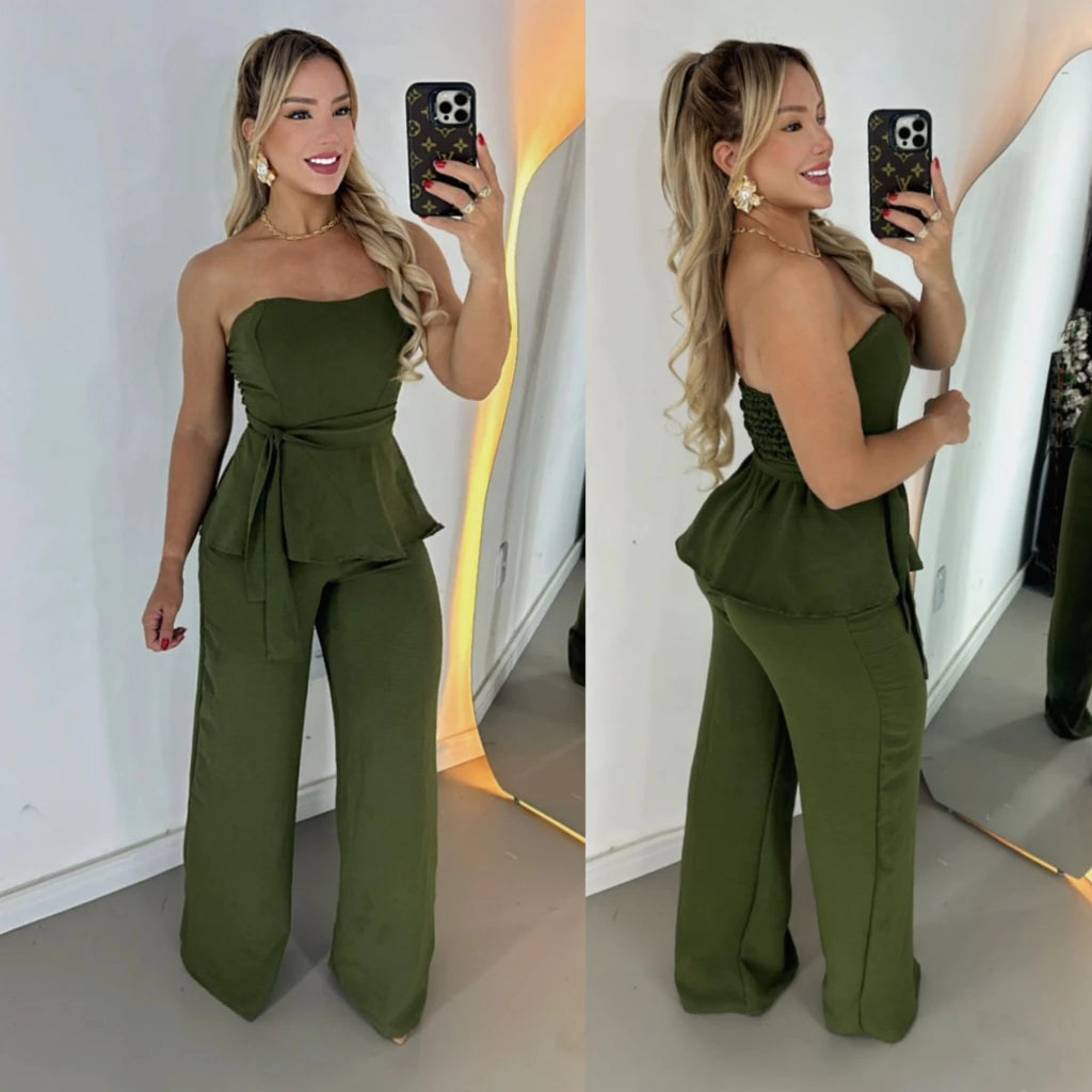 Conjunto Feminino Luxo Calça Pantalona e Blusa Tomara que Caia