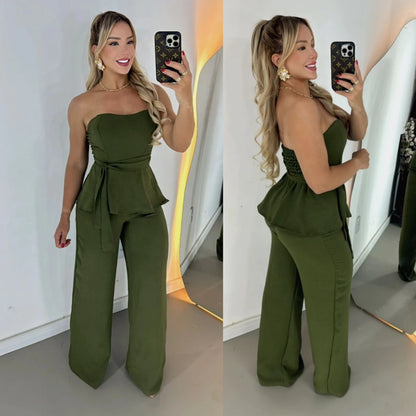 Conjunto Feminino Luxo Calça Pantalona e Blusa Tomara que Caia