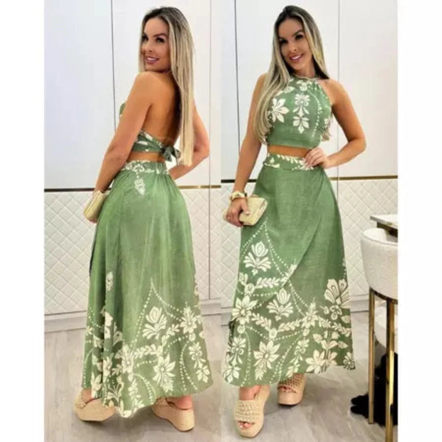 Conjunto Saia e Cropped estampado Simples Glamour