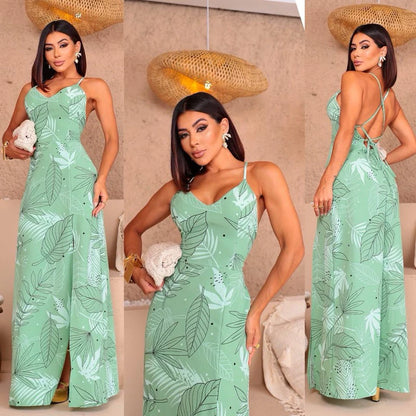 Vestido Longo Feminino Costa Nua Estampado com Fenda e Bojo