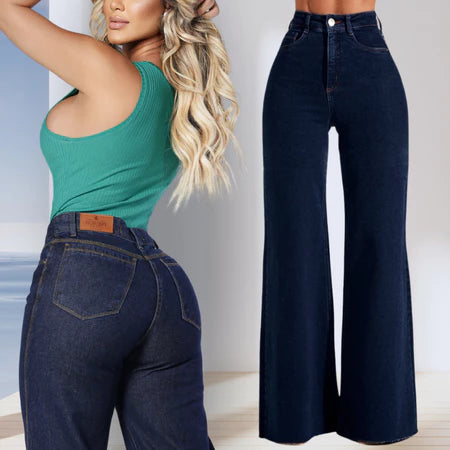 Calça Wide Leg Jeans Feminina Cintura Alta Pantalona