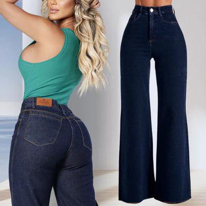 Calça Wide Leg Jeans Feminina Cintura Alta Pantalona