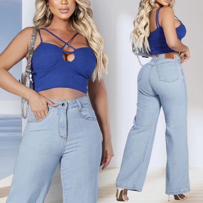 Calça Wide Leg Jeans Feminina Cintura Alta Pantalona