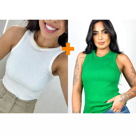 Kit 2 Blusas Feminina Regata Canelada Ribana Premium Social Americana Básica