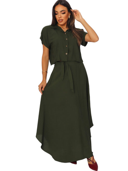 Conjunto Feminino Alfaiataria – Cropped e Saia Longa Rodada com Fenda Meia Lua