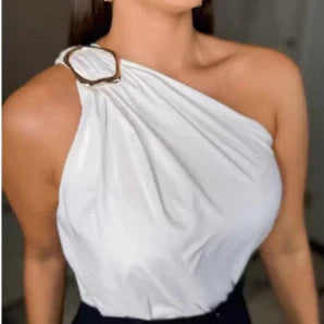 Blusa Feminina Duna Premium – Um Ombro Só com Manga Mula Manca e Fivela Dourada Simples Glamour