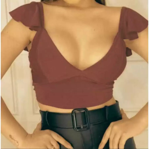 Cropped Feminino Com Decote em V Delicado e babado Top Blusa Corselet Amarração