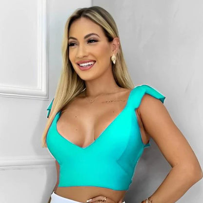 Cropped Feminino Com Decote em V Delicado e babado Top Blusa Corselet Amarração