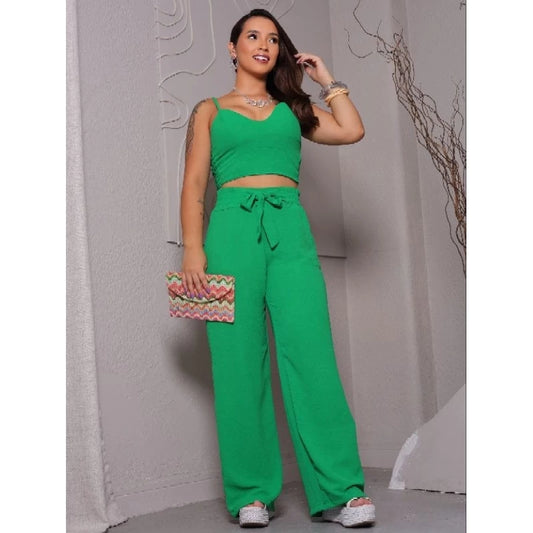 Conjunto Feminino Duna Areia – Calça Pantalona e Cropped com Bojo