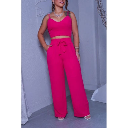 Conjunto Feminino Duna Areia – Calça Pantalona e Cropped com Bojo