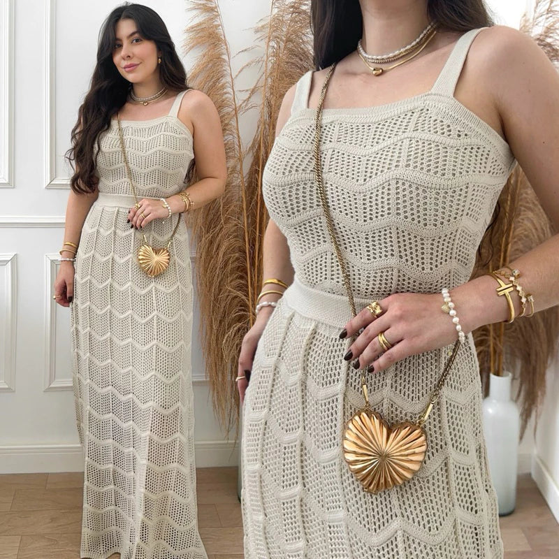 Conjunto Cropped e Saia Longa Feminino em Tricot Rendado