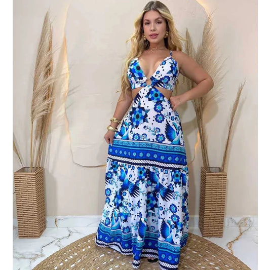 Vestido Longo Feminino Estampado Casual com Amarração nas Costas Simples Glamour