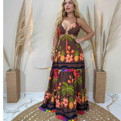 Vestido Longo Feminino Estampado Casual com Amarração nas Costas