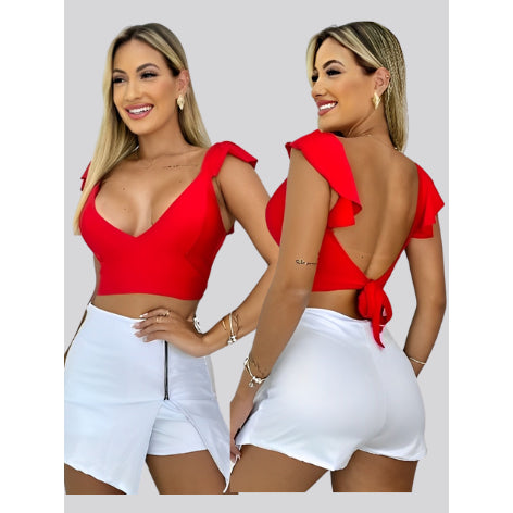 Cropped Feminino Com Decote em V Delicado e babado Top Blusa Corselet Amarração
