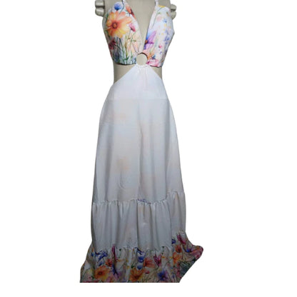 Vestido Longo Feminino Estampado Casual com Amarração nas Costas