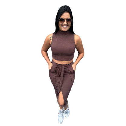 Conjunto Nady Feminino Saia Midi e Cropped Gola Alta em Malha Canelada
