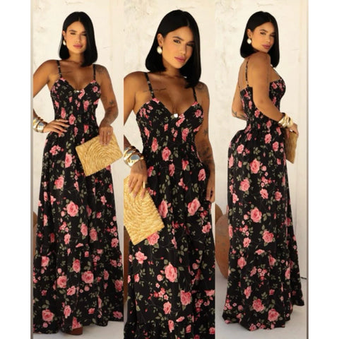 Vestido Feminino Longo com Alça Ajustável e Decote V