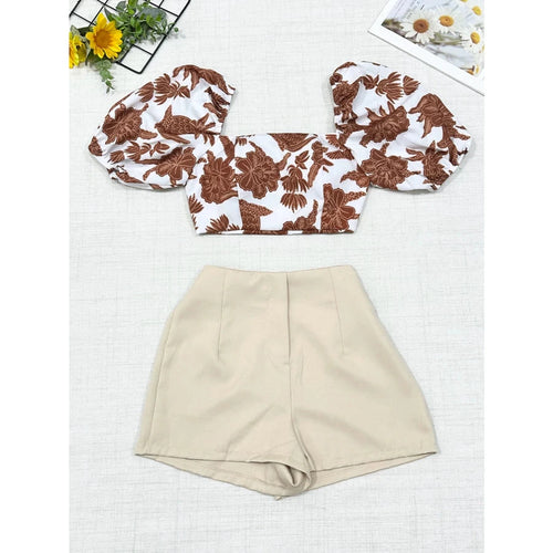 Conjunto Feminino Estampado – Camisa com Amarração + Short com Zíper Simples Glamour