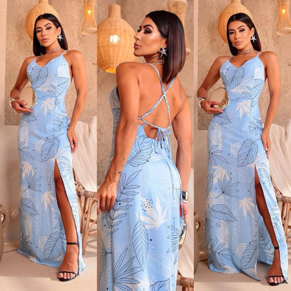 Vestido Longo Feminino Costa Nua Estampado com Fenda e Bojo