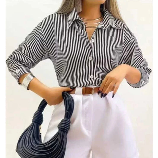 Camisa Social Feminina Listrada Manga Longa Simples Glamour