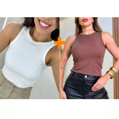 Kit 2 Blusas Feminina Regata Canelada Ribana Premium Social Americana Básica