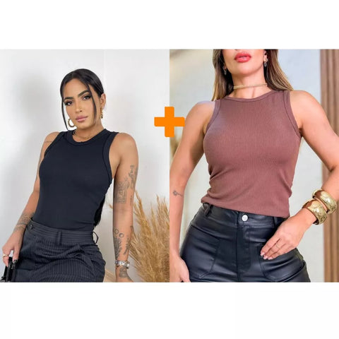 Kit 2 Blusas Feminina Regata Canelada Ribana Premium Social Americana Básica